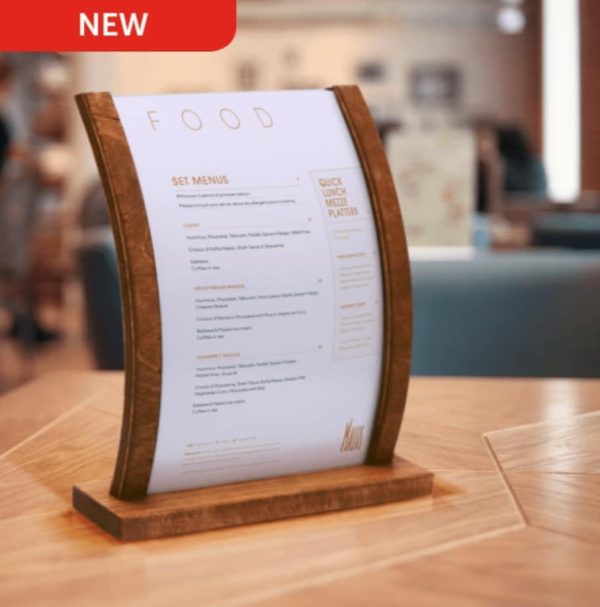 Curved Wooden Menu Sign Holder available in A4 & A5 sizes