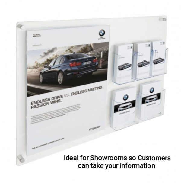 A2 Wall Mounted Information Board with 5 brochure holders, 900mm x 675mm