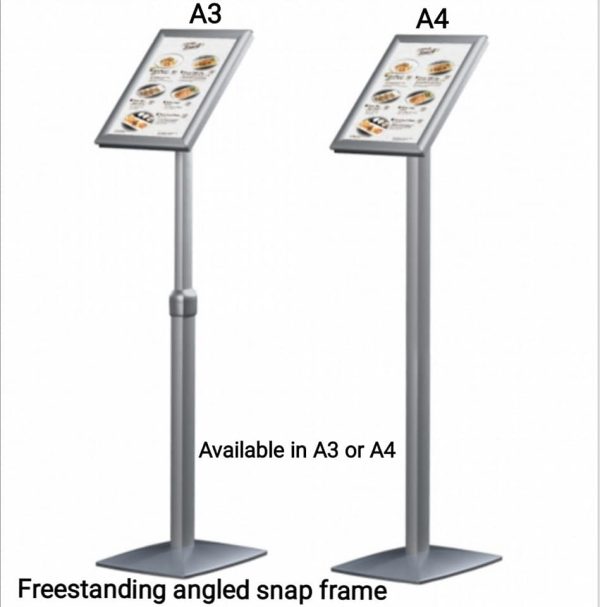 Freestanding adjustable or fixed snap frame in portrait or landscape orientation