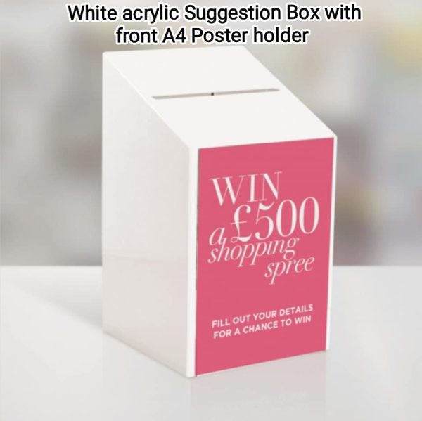 White acrylic Suggestion Box with front A4 Poster holder