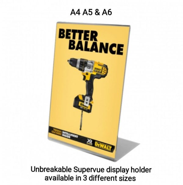 Unbreakable Supervue portrait freestanding poster holder available in 3 different sizes A4 A5 & A6