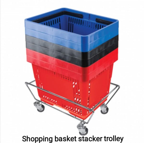 Supermarket shopping basket trolley & stacker on wheels