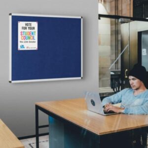 Fire resistant notice board with stylish aluminium frame and safety corners.