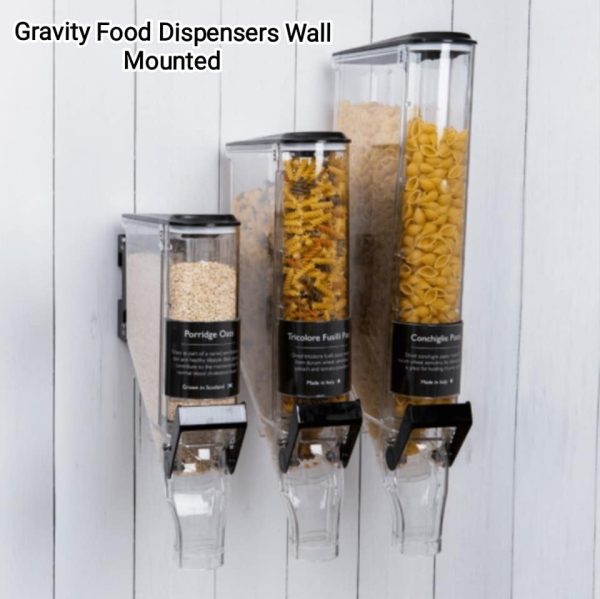 Gravity food dispenser is supplied with a bracket for wall mounting