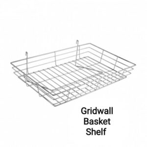 Gridwall Basket Shelf neatly holds items when attached to a gridwall display