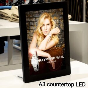A3 LED Poster Holder with a stylish black frame for wall or counter use