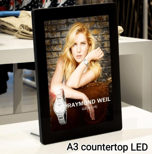 A3 LED Poster Holder with a stylish black frame for wall or counter use