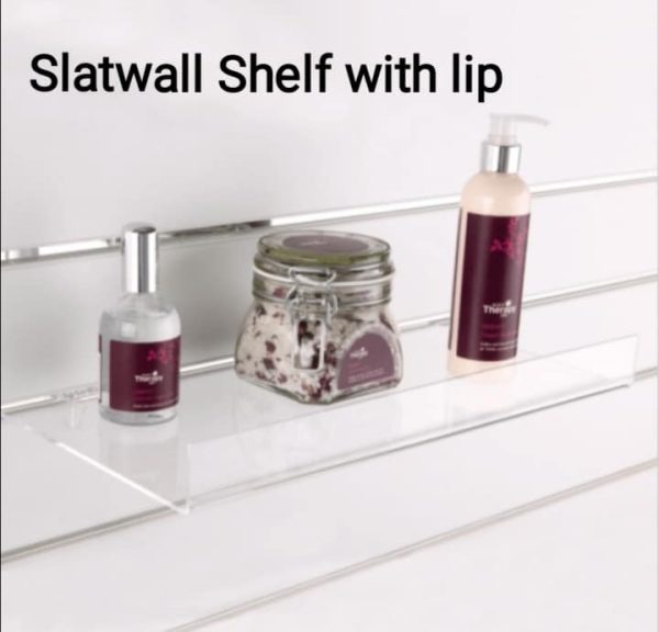 Acrylic Slatwall Shelf designed with a 90 degree front lip