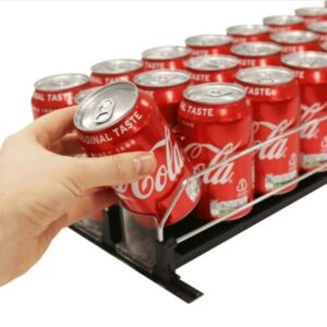 Our new Universal Bottle or Can shelf pusher systems are Spring loaded for low-maintenance retail shelving & fridge shelving.