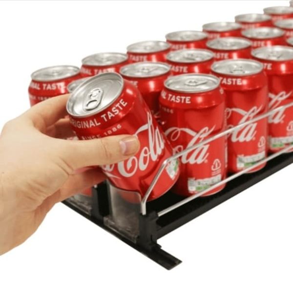 Our new Universal Bottle or Can shelf pusher systems are Spring loaded for low-maintenance retail shelving & fridge shelving.