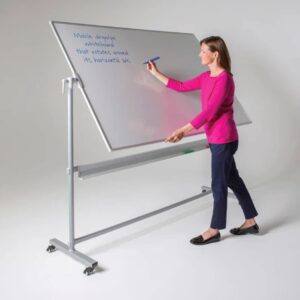 Revolving whiteboard on wheels with brakes.