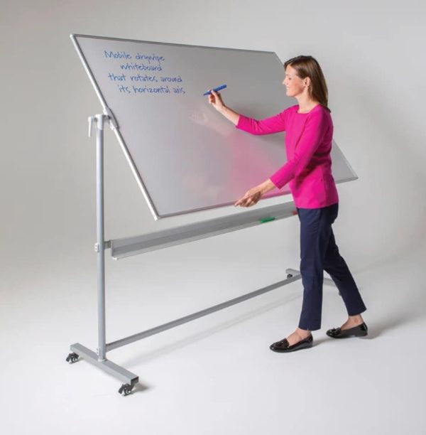 Revolving whiteboard on wheels with brakes.