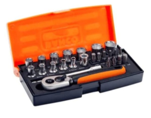 Bahco 25-Piece Metric 1/4 in Standard Socket/Bit Set with Ratchet, 6 point; Hex Bit; Phillips Bit; Torx Bit
