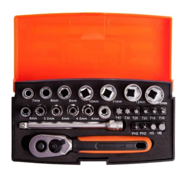 Bahco 25-Piece Metric 1/4 in Standard Socket/Bit Set with Ratchet, 6 point; Hex Bit; Phillips Bit; Torx Bit - Image 2