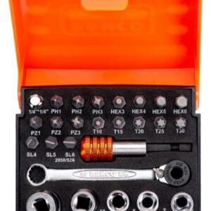 Bahco 25-Piece Metric 1/4" Standard Socket/Bit Set with Ratchet, 6 point; Hex Bit; Phillips Bit; Torx Bit