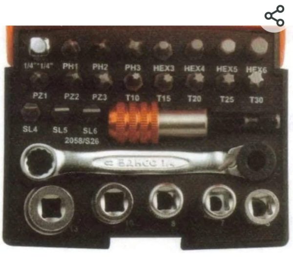Bahco 25-Piece Metric 1/4" Standard Socket/Bit Set with Ratchet, 6 point; Hex Bit; Phillips Bit; Torx Bit - Image 3