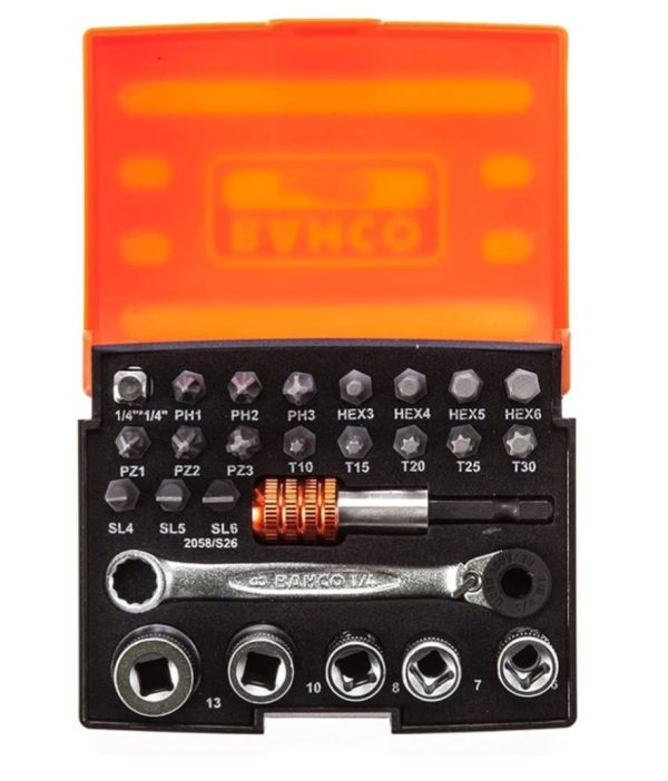 Bahco 25-Piece Metric 1/4" Standard Socket/Bit Set with Ratchet, 6 point; Hex Bit; Phillips Bit; Torx Bit - Image 2