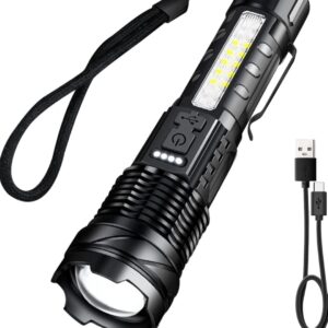 Our Military Grade super bright flashlight uses a super bright high power wick to dispel the darkness, with a maximum lumen value of 20,000 and a super long range of 500 meters.