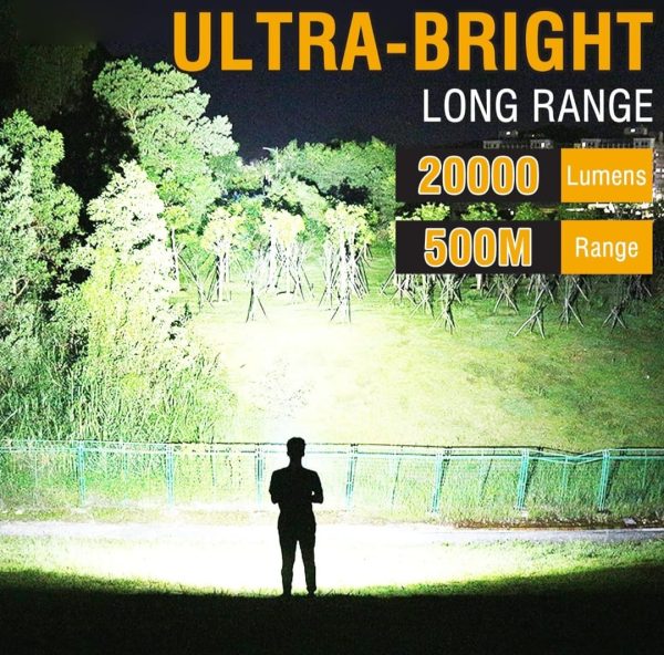 Our Military Grade super bright flashlight uses a super bright high power wick to dispel the darkness, with a maximum lumen value of 20,000 and a super long range of 500 meters. - Image 7