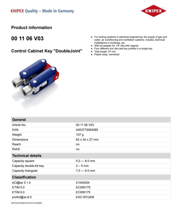 Knipex Diecast Zinc 9-way Control Cabinet Key, 5 → 11 mm Capacity - Image 2