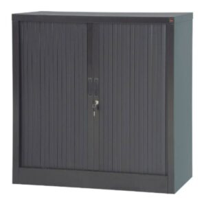 Black Lockable Cupboard with Steel Shelf.