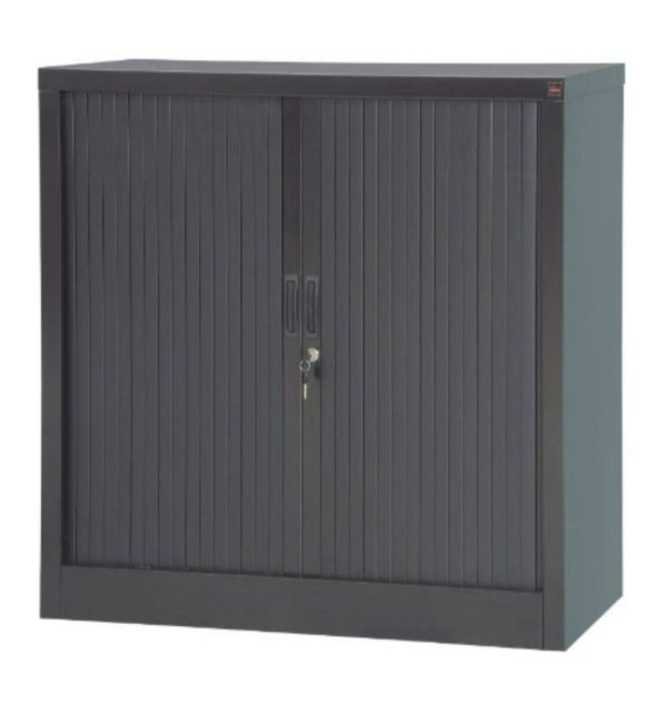 Black Lockable Cupboard with Steel Shelf.