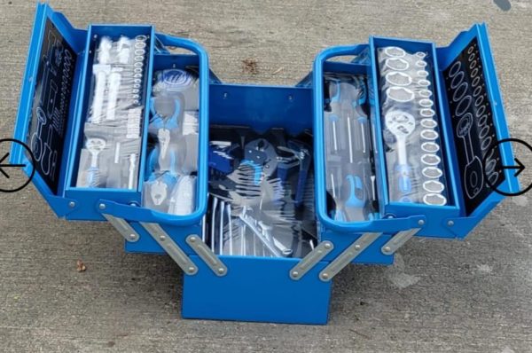 85 Piece Cantilever Metal Tool Box With Tools included – 1/4″ & 1/2″ Drive