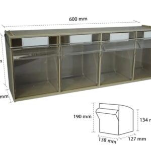 4 Storage Tilt Bins 600mm x 178mm x 206mm (4-Tilt Bins combined) W x D x H