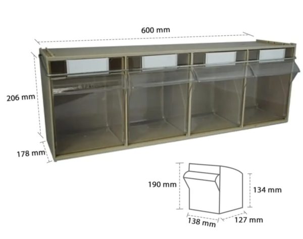 4 Storage Tilt Bins 600mm x 178mm x 206mm (4-Tilt Bins combined) W x D x H