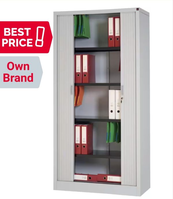 Tambour Cupboard Lockable with 4 Shelves Steel 1000 x 450 x 1980mm Finished in Grey - Image 2