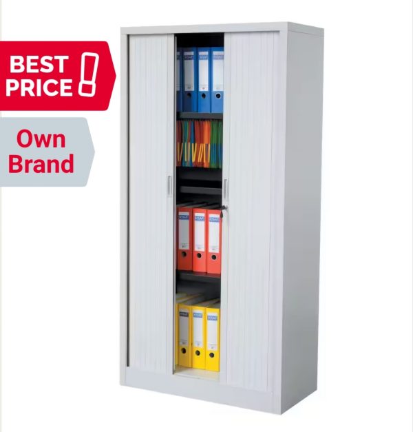 Tambour Cupboard Lockable with 4 Shelves Steel 1000 x 450 x 1980mm Finished in Grey