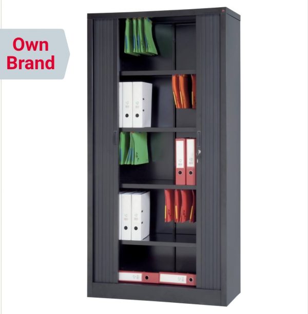 Tambour Cupboard Lockable with 4 Shelves Steel 1000mm x 450mm x 1980mm in Black