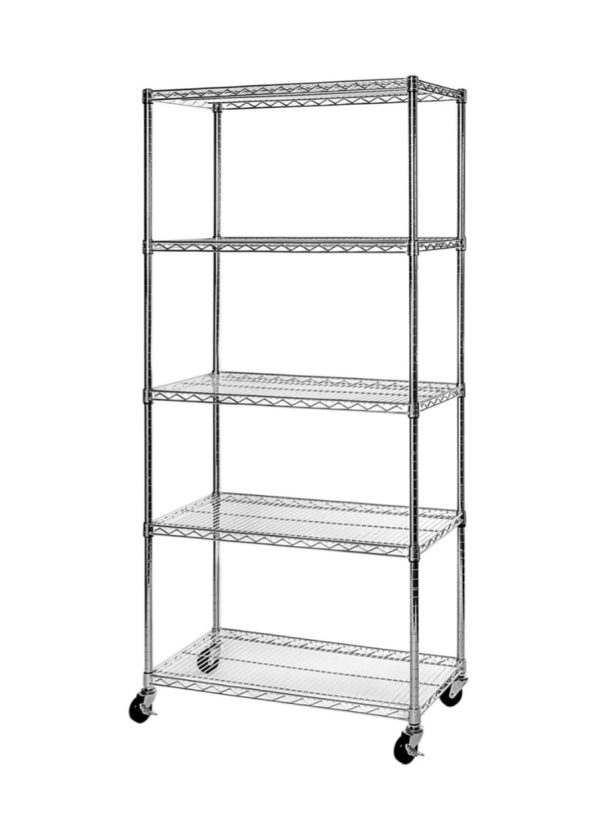 5 Tier Shelving Unit in Chrome Wire with Wheels 1250kg