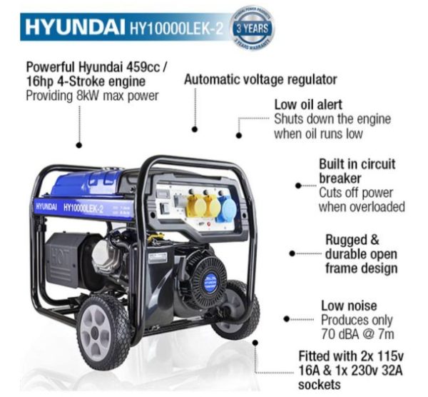 Hyundai. 8kW/10kVA* Recoil and Electric Start Petrol Generator. Code HY10000LEK-2 - Image 7