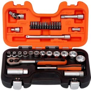 Bahco 34-Piece Imperial 1/4" 3/8" Standard Socket/Bit Set with Ratchet, 6 point; Hex Bit; Phillips Bit; Slotted Bit.