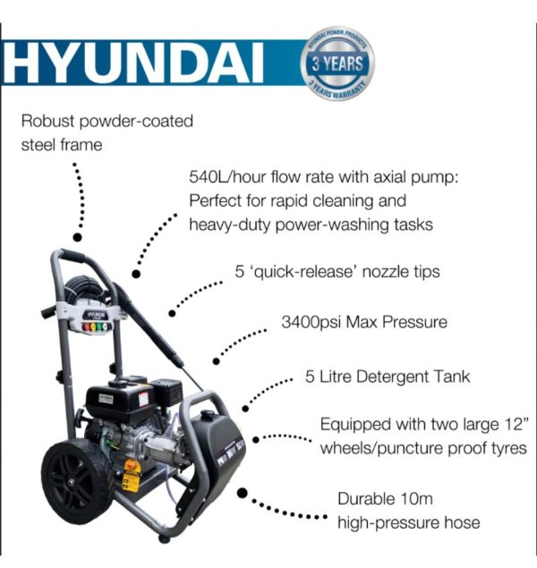 Hyundai 3400psi / 234 bar Petrol Pressure Washer, 9L/min, 7hp, 210cc with 10m Hose & Detergent Tank. - Image 2