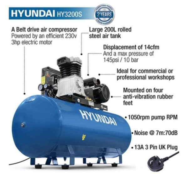 Hyundai 200 Litre Air Compressor 14CFM/145psi Electric 3hp. - Image 9