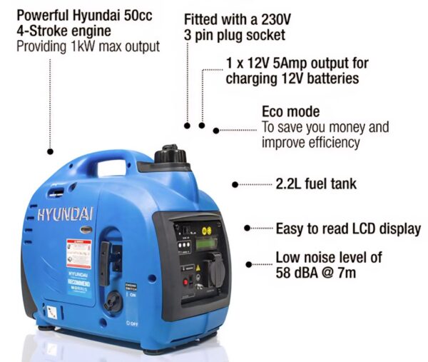 Hyundai 1000W Portable Petrol Inverter Generator - HY1000Si - Image 7