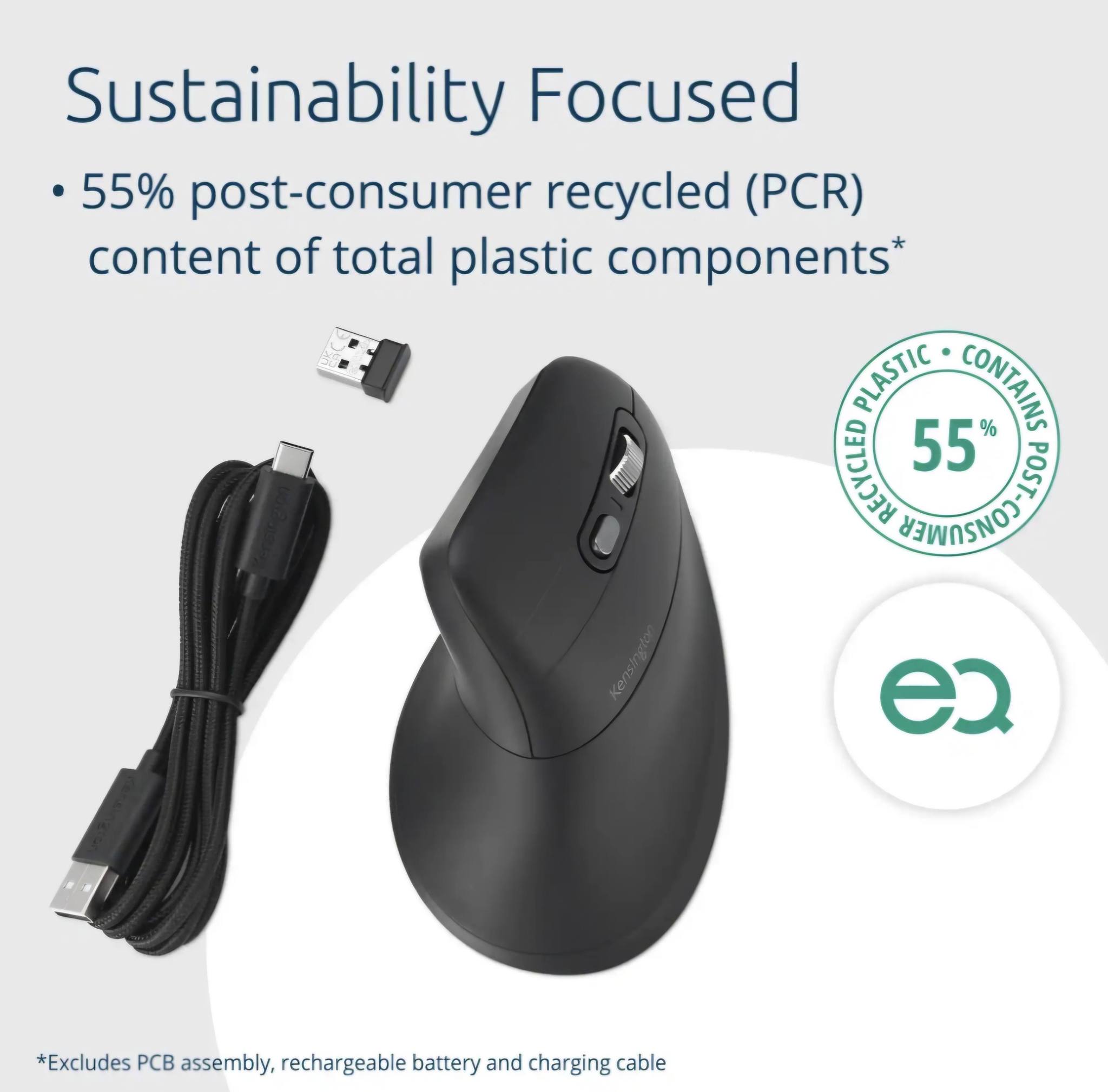 Kensington EQ Pro Fit Ergo MY630 Wireless Rechargeable Vertical Mouse K72482WW Optical For Right-Handed Users Bluetooth/USB-A Nano Receiver Black - Image 2