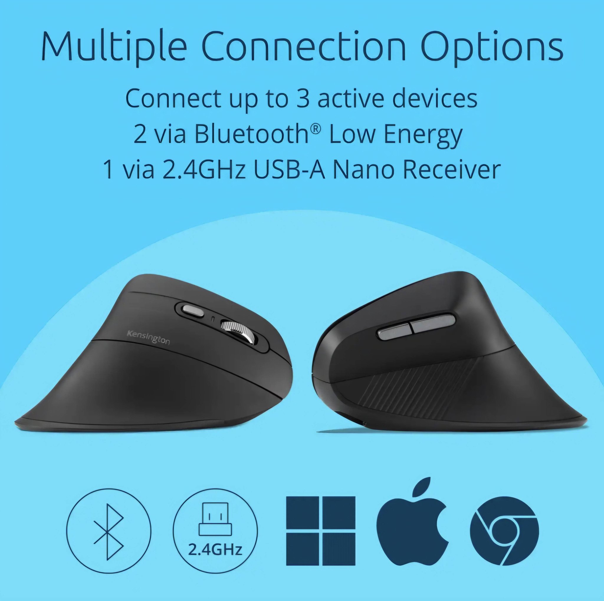 Kensington EQ Pro Fit Ergo MY630 Wireless Rechargeable Vertical Mouse K72482WW Optical For Right-Handed Users Bluetooth/USB-A Nano Receiver Black - Image 3