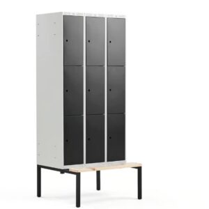 9 individual lockers on a Bench seat, 3 modules, 2120mm x 900mm x 550mm, black.