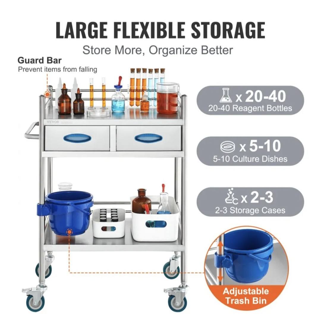 Lab Serving Cart, 2 Layers Stainless Steel Utility Rolling Cart, Medical Cart with Two Drawers, Dental Utility Cart with Lockable Wheels and A Bucket, for Laboratory, Hospital, Dental Use - Image 2