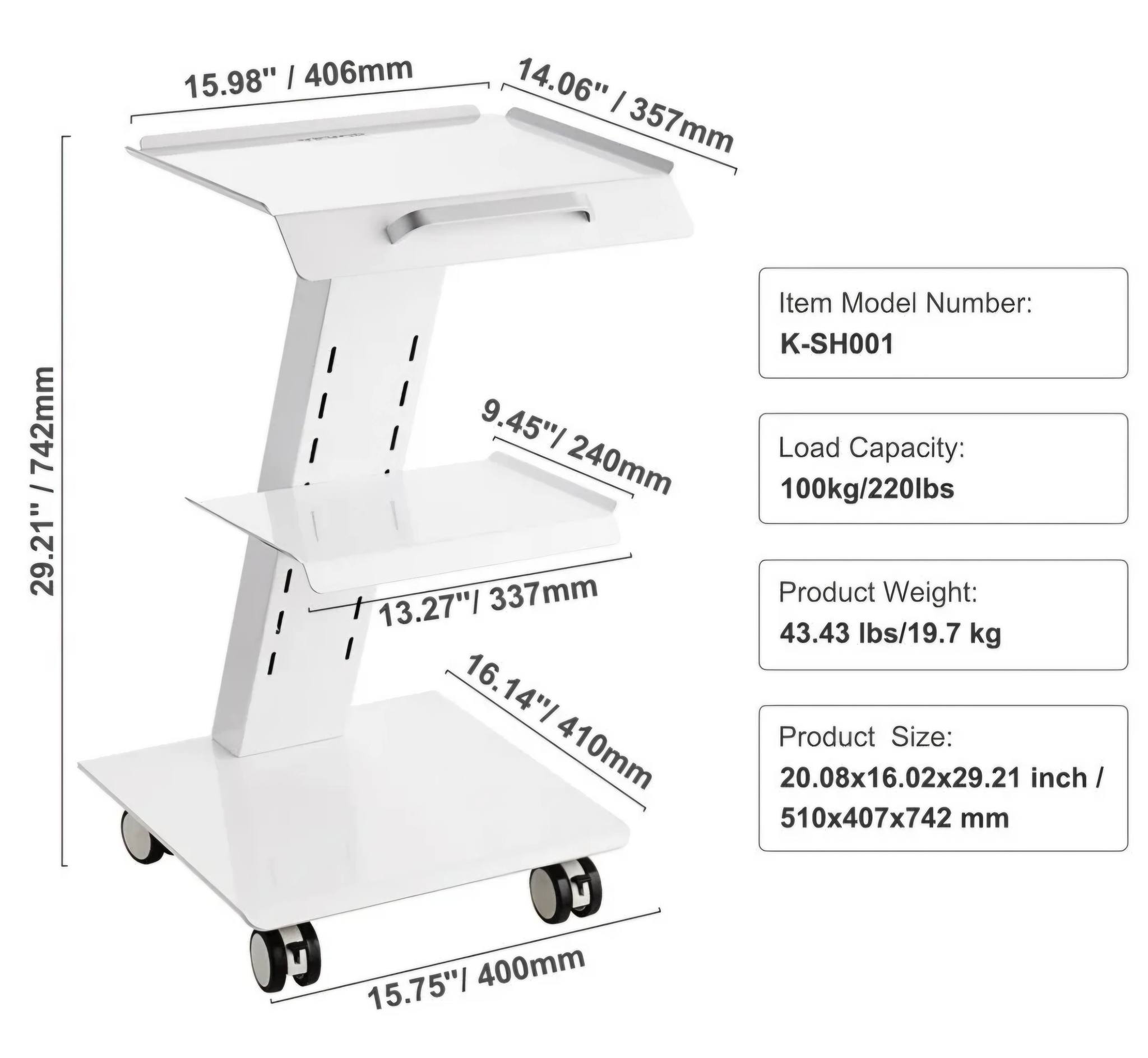 Lab Trolley, Rolling Lab Cart with Built-in Socket, 3-Layer Metal Mobile Trolley, Tray Rolling Clinic Cart with Swivel Wheels, 220 lbs Weight Capacity, for Lab, Clinic, Beauty and Salon - Image 3