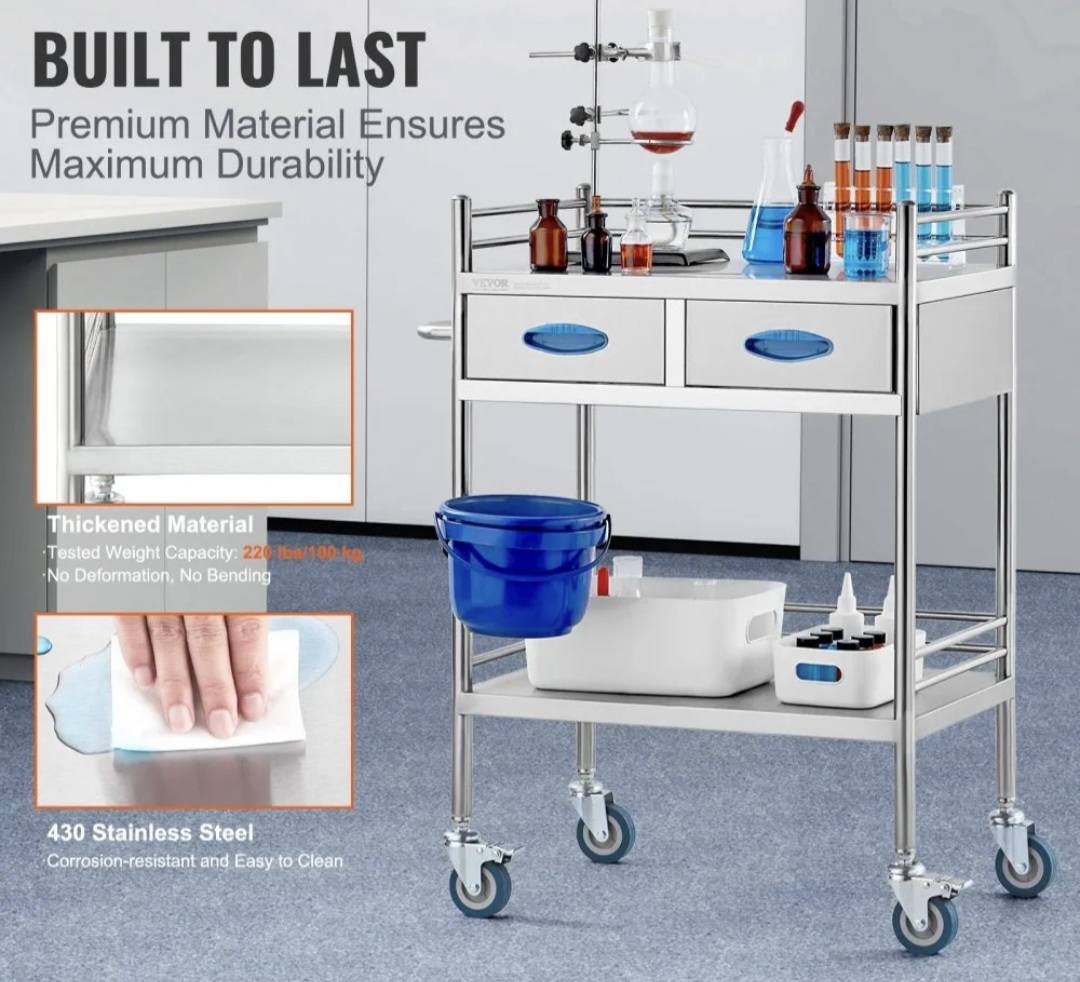 Lab Serving Cart, 2 Layers Stainless Steel Utility Rolling Cart, Medical Cart with Two Drawers, Dental Utility Cart with Lockable Wheels and A Bucket, for Laboratory, Hospital, Dental Use - Image 3