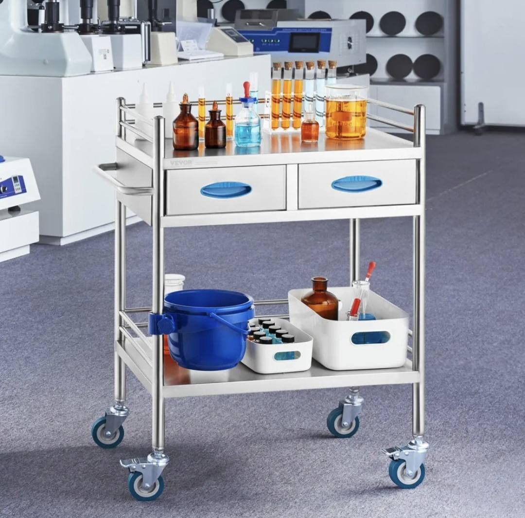 Lab Serving Cart, 2 Layers Stainless Steel Utility Rolling Cart, Medical Cart with Two Drawers, Dental Utility Cart with Lockable Wheels and A Bucket, for Laboratory, Hospital, Dental Use - Image 4