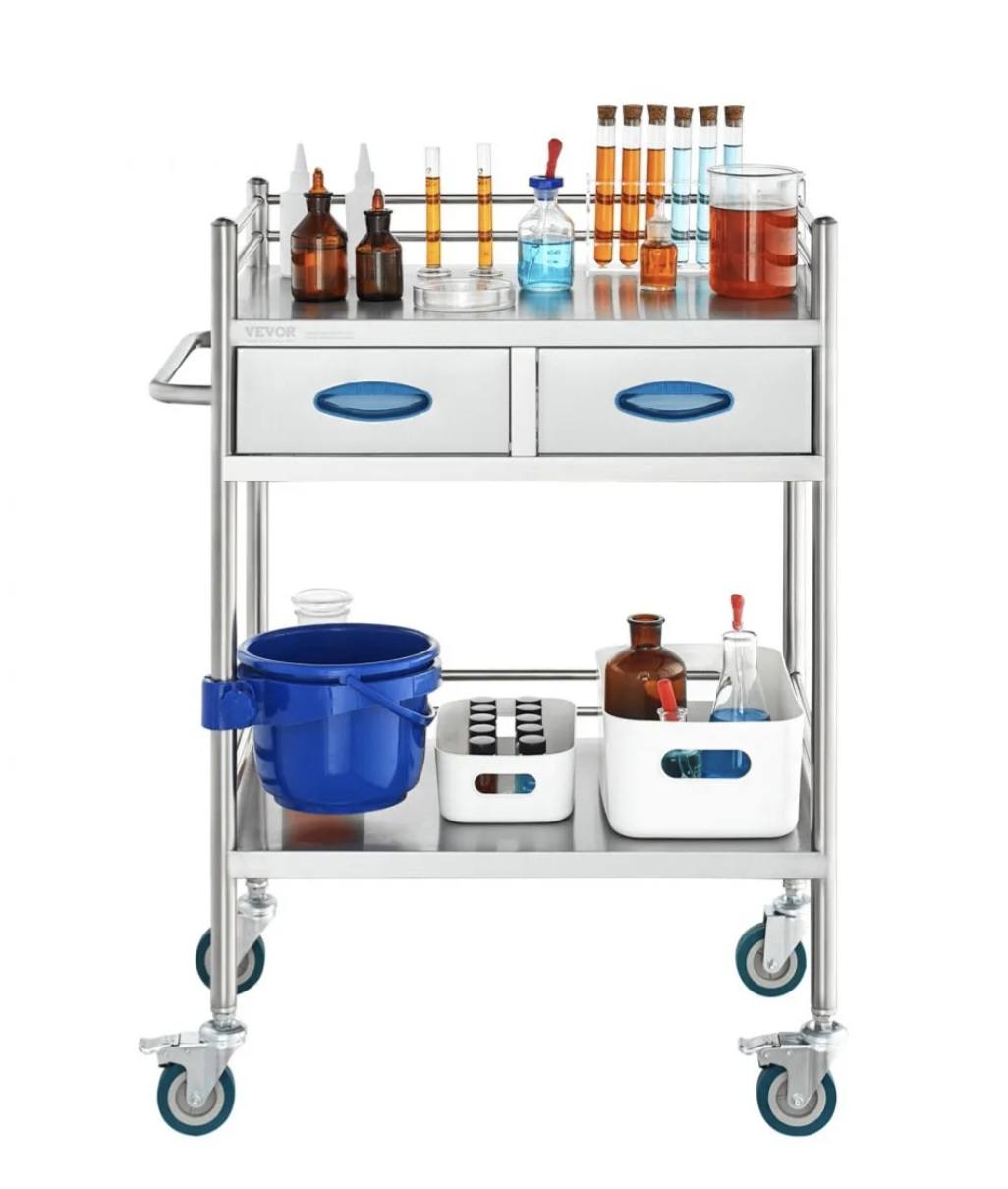 Lab Serving Cart, 2 Layers Stainless Steel Utility Rolling Cart, Medical Cart with Two Drawers, Dental Utility Cart with Lockable Wheels and A Bucket, for Laboratory, Hospital, Dental Use - Image 5