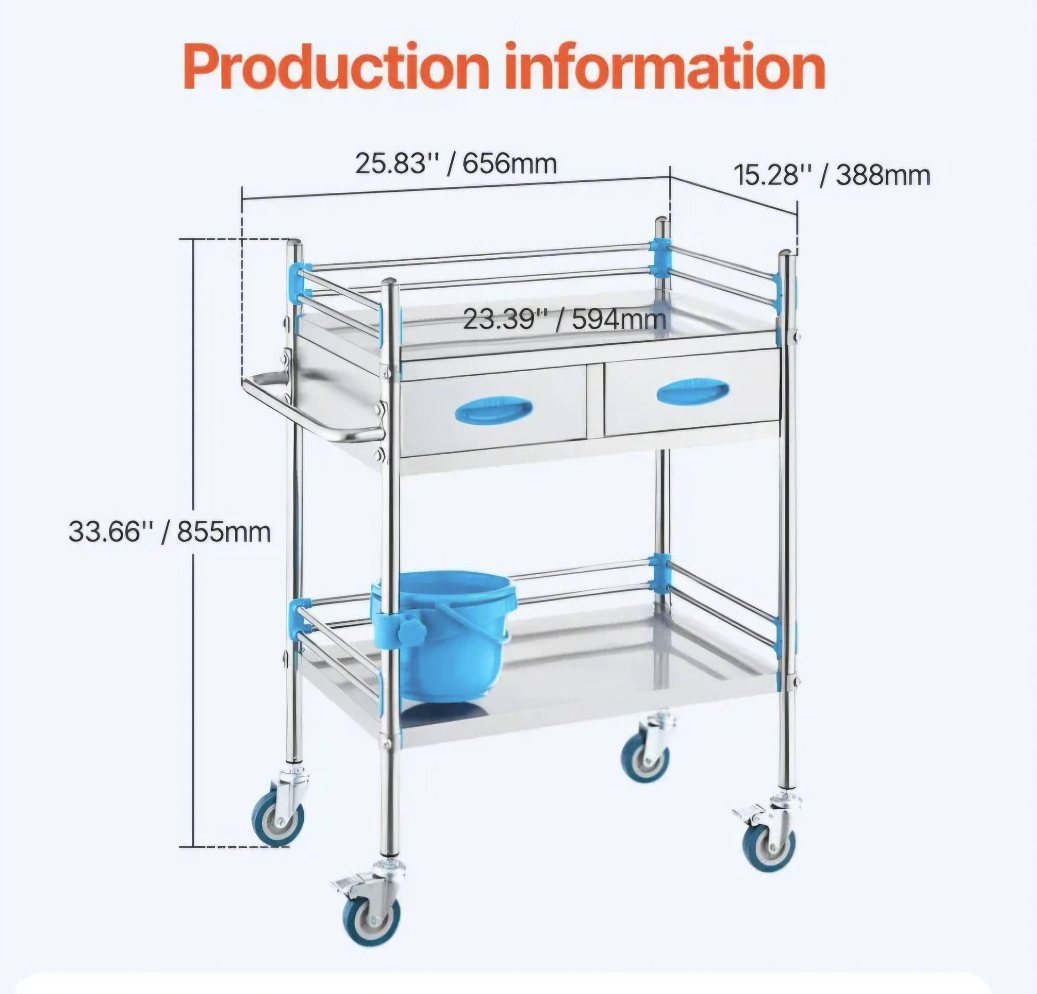 Lab Serving Cart, 2 Layers Stainless Steel Utility Rolling Cart, Medical Cart with Two Drawers, Dental Utility Cart with Lockable Wheels and A Bucket, for Laboratory, Hospital, Dental Use - Image 6