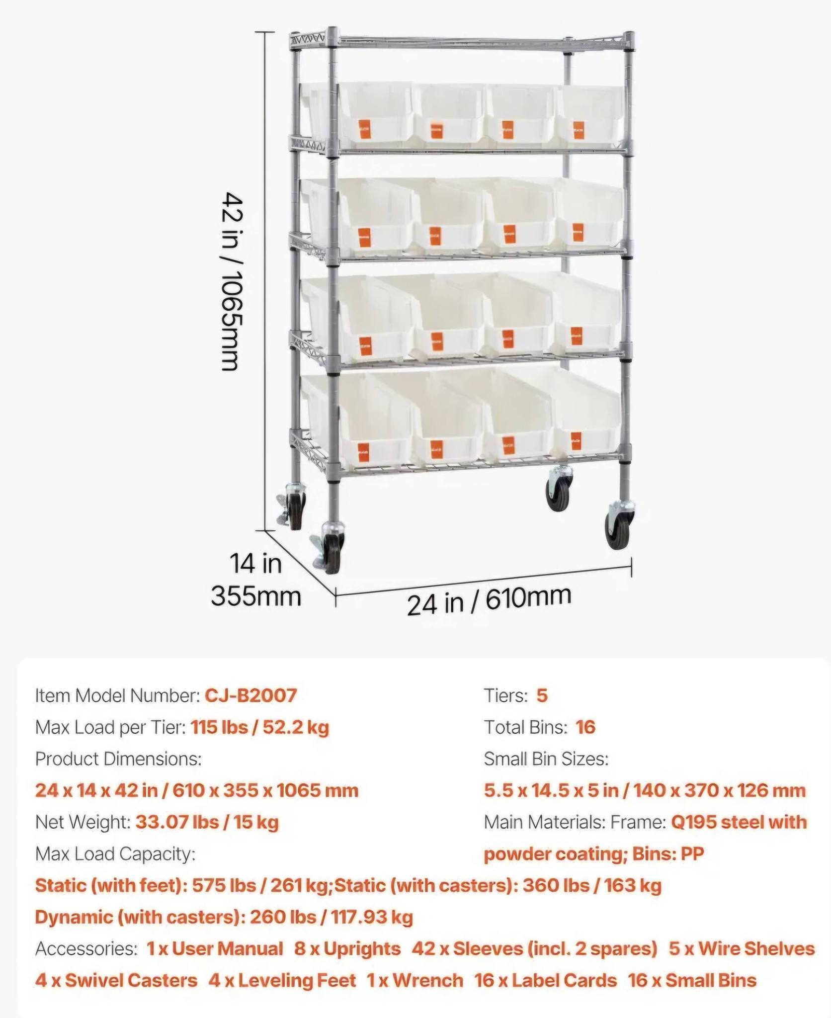5-Tier Rolling Storage Rack with 16 Organizer Bins for labs - Image 3