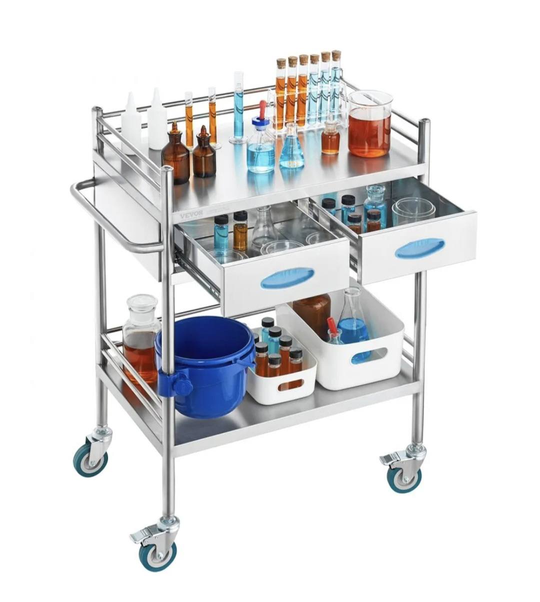 Lab Serving Cart, 2 Layers Stainless Steel Utility Rolling Cart, Medical Cart with Two Drawers, Dental Utility Cart with Lockable Wheels and A Bucket, for Laboratory, Hospital, Dental Use - Image 7