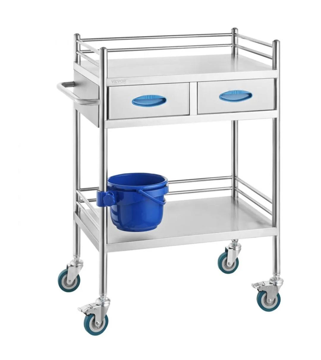 Lab Serving Cart, 2 Layers Stainless Steel Utility Rolling Cart, Medical Cart with Two Drawers, Dental Utility Cart with Lockable Wheels and A Bucket, for Laboratory, Hospital, Dental Use - Image 8